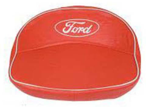 SEAT CUSHION, RED VINYL WITH FORD SCRIPT LOGO. FITS ALL 1939 TO 1964 FORD STEEL PAN SEATS