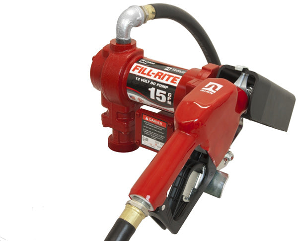 12 VOLT FUEL TRANSFER PUMP WITH HOSE AND AUTOMATIC NOZZLE - 15 GPM